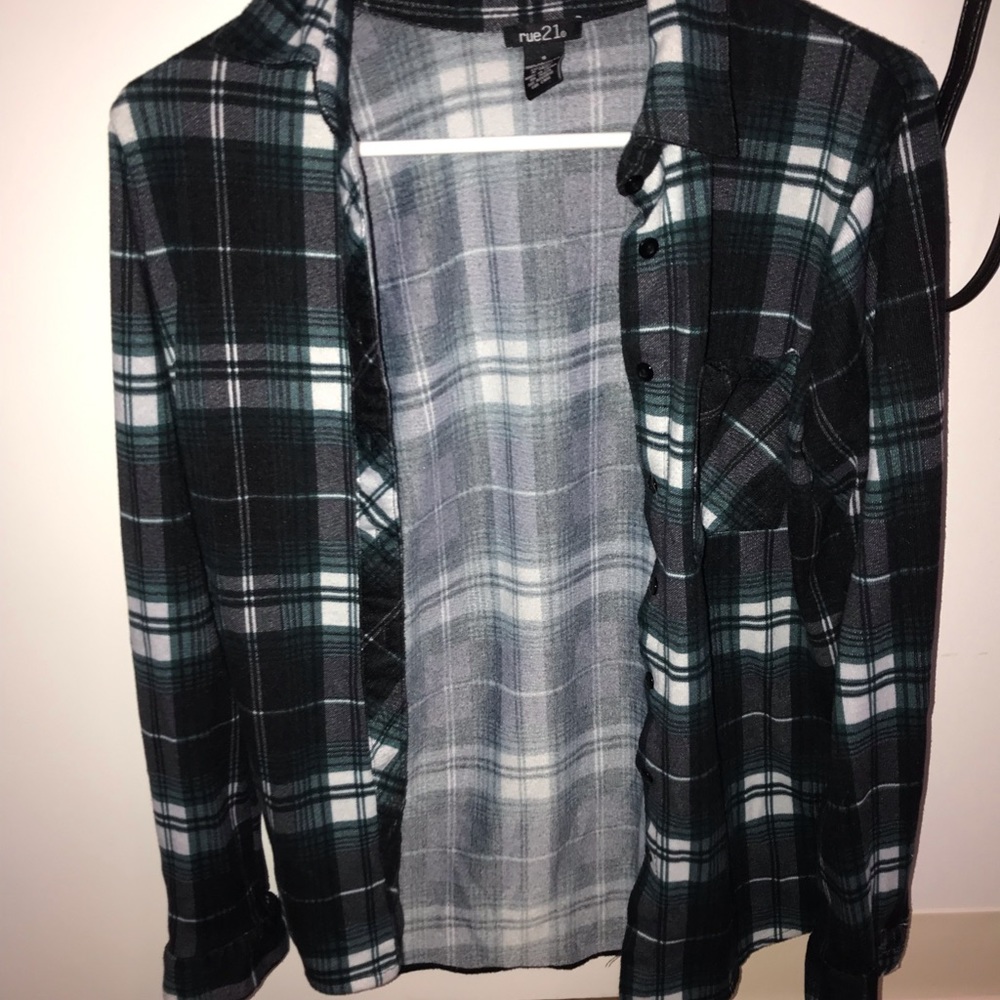 green, black and white plaid button down